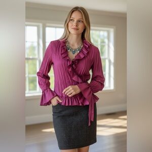 Sunny Leigh Pink Pleated Ruffle Long Sleeve Blouse Size L